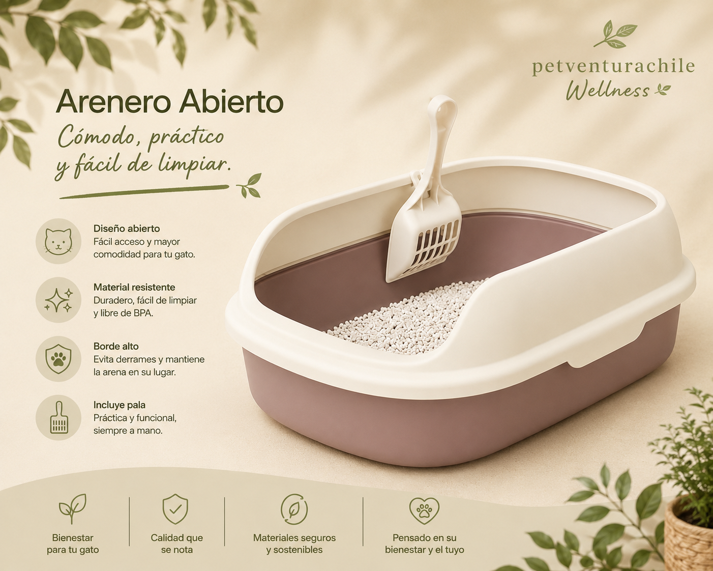 Arenero Abierto para Gatos con Pala | Cómodo, Higiénico y Fácil de Limpiar